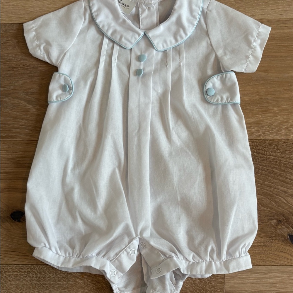 White Baby Romper with Blue Accents